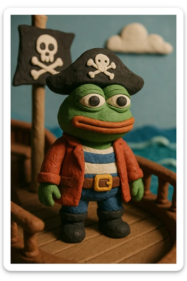 Pepe the Frog in pirate attire, standing on a pirate ship deck, claymation style, ocean scene sticker