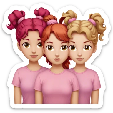 Three sisters one of them have red hair with buns. One of them have dirty blonde hair with ponytail. One of them have white curls with light brown hair hair and they are all wearing pink shirts sticker