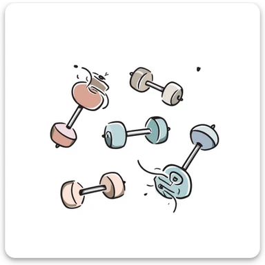 A set of fitness dumbbells with hexagonal ends in pastel colors (dd9fb0, ffc6d3, a3bfc9, c4bee2, f1b091), hand-drawn doodle style sticker
