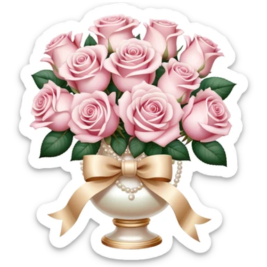 Realistic aesthetic powder pink and white  rose bouquet  in a pearl vintage vase and a beige bow with gold decoration  sticker