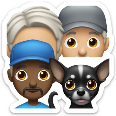 Man with blue eyes grey hair and grey goatee wearing ball cap holding long hair black chihuahua sticker