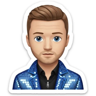 Justin Timberlake with light brown hair, gray sequin jacket, black shirt, blue eye, light skin sticker