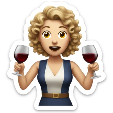 White Woman with curly brown hair drinking wine shouting sticker