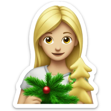 Blond Girl is decorating a Christmas tree sticker
