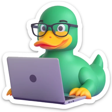 Animated duck wearing glasses, programming Python on a laptop sticker