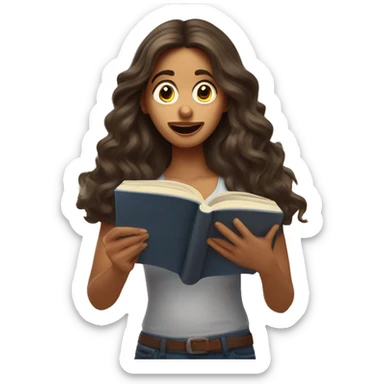 brunette long wavy hair woman shocked face while holding and reading book sticker