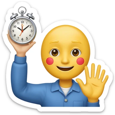 classic emoji style, yellow face holding up a hand as if pausing, with a small clock or coffee cup to indicate a short break, cheerful and friendly expression, no text sticker
