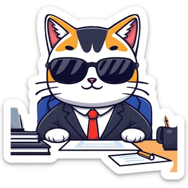 cat wearing glasses and business suit, sitting at office desk looking important sticker
