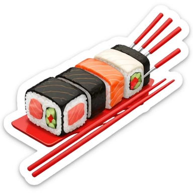 Japanese cuisine humanless avatar in minimalist emoji-style illustration. Sushi, roll and 2 chopsticks, clean lines, red white colors, flat design, calm and modern. sticker