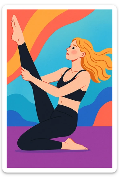 dirty blonde girl with black leggings and black bra doing pilates, full body, energetic pose, modern illustration style sticker