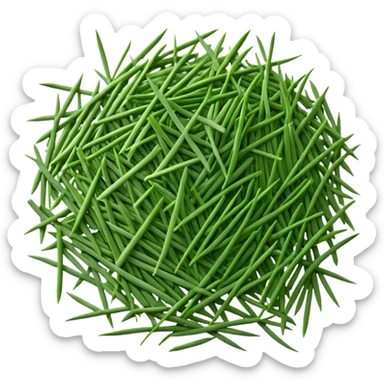 loose scatter of finely chopped dry green herb bits, short tubular shapes, crisp matte texture, uniform thin straight pieces, vibrant to muted green tones, evoking dried chive stalks, soft lighting, subtle shadows, emoji scale sticker