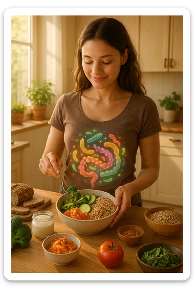A realistic, warm-toned image of a young woman in a bright, cozy kitchen preparing a healthy meal rich in fiber and probiotics. She smiles softly, focused and calm, as she adds fresh vegetables, fermented foods like yogurt or kimchi, and whole grains to a bowl. Around her abdomen, a subtle, glowing overlay of balanced gut flora—colorful, friendly bacteria and microbes—swirls gently, symbolizing intestinal health and harmony. The setting is natural and inviting, with sunlight streaming through the window, potted herbs on the counter, and clean wooden surfaces. The overall mood conveys wellness, self-care, and the positive journey toward gut balance sticker