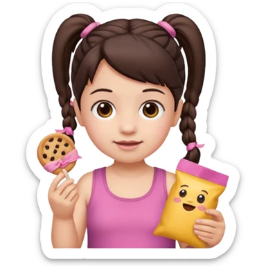 Toddler emoji with two pigtails dark brown hair, fair skin, in pink top, holding toddler snacks sticker