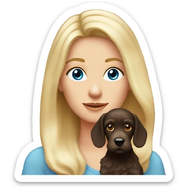 Old blue eyed blonde lady with long straight hair with dark brown Cockapoo puppy dog sticker