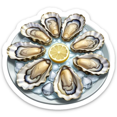 Cinematic fresh oysters on the half-shell, glistening with seawater, served with lemon wedges and ice, soft glowing highlights, elegant and luxurious. sticker