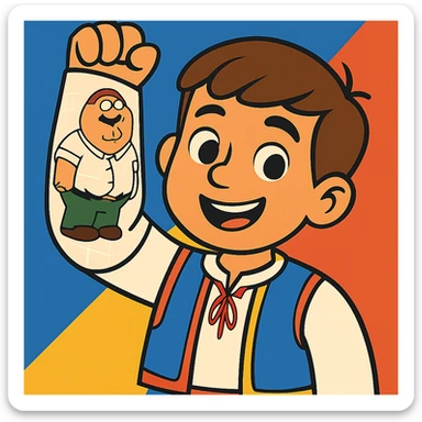 romanian boy with light skin and medium brown hair, holding up his arm in a cast, with a cartoon drawing of Peter Griffin on the cast sticker