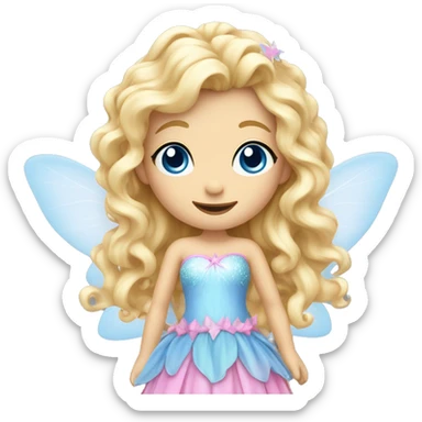 Fairy, a blonde hair with blue eyes and a pink dress with sparkly wings. White wings. The fairy has long, curly hair with a lot of volume sticker
