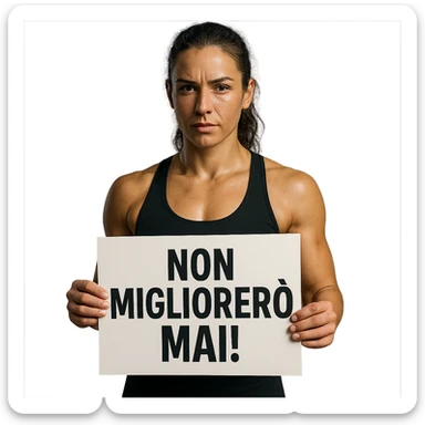 DONNA FITNESS CHE TIENE UN CARTELLO IN MANO CON LA SCRITTA "NON MIGLIORERò MAI!", iperrealistico 4k sticker