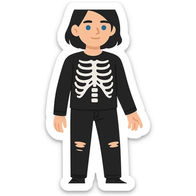 flat toon style black-haired, blue-eyed person wearing a black skeleton top and ripped black jeans sticker