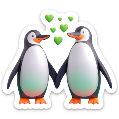 two cute and affectionate penguins as a couple facing each other with green hearts floating around them sticker