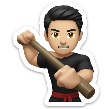 Use a muscular Korean man with a tight black shirt, hitting a gong sticker