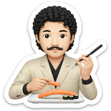 un coreano che taglia sushi con i baffetti capelli ricci e lunghi  neri con un IQOS in mano  sticker