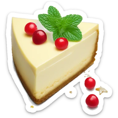 Festive cheesecake slice topped with red berries, edible gold stars, and a sprig of mint sticker