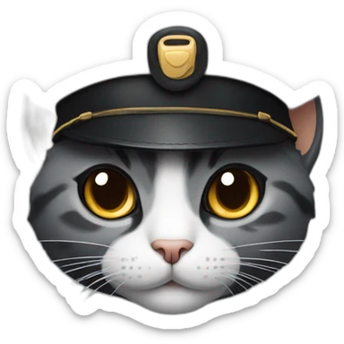 full grey and black calico cat face wearing a pilot hat sticker