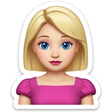"Create an emoji-style character of Doris from Shrek — the tall barmaid with short blonde hair, bold makeup (blue eyeshadow, red lipstick), and a pink dress. Make her look confident and friendly, with a cartoonish round face and expressive emoji-like features. sticker