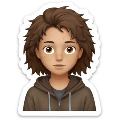 Hobo tomboy with light skin, freckles, dark brown shoulder-length hair in a messy style. Brown eyes, dark brown hoodie, brown shirt. sticker