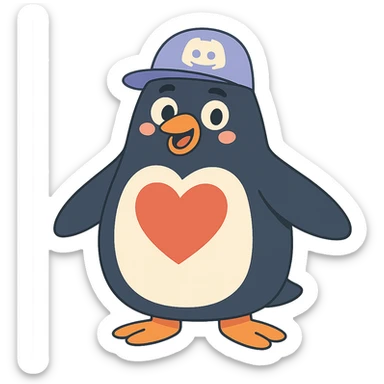 large penguin with a hat featuring the Discord logo and a large heart on chest sticker