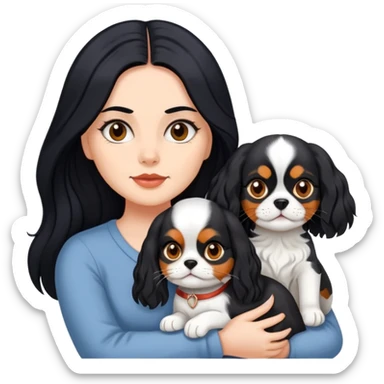 woman with long black hair holding an American Shorthair cat and a Cavalier King Charles Spaniel dog sticker
