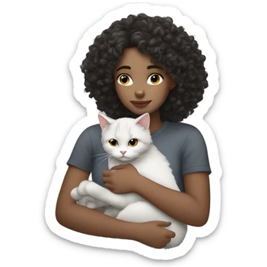 White Girl dark curly hair cuddling with grey cat sticker