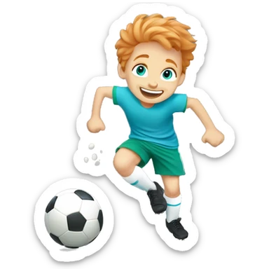 Little boy with blue/turquoise eyes and strawberryblonde hair playing soccer, kicking a ball with a joyful expression, showing movement and excitement. sticker