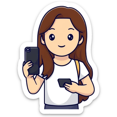 girl with long brown hair wearing a white top holding a smartphone sticker