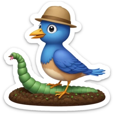 a blue bird wearing a hat, standing on a worm sticker