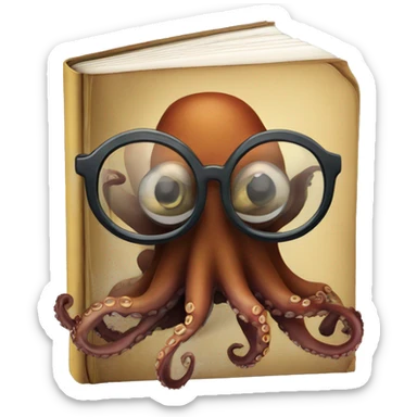 A octopus wearing glasses hiding behind a book sticker