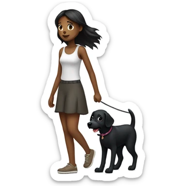 Girl walk with a black dog with white Chest sticker