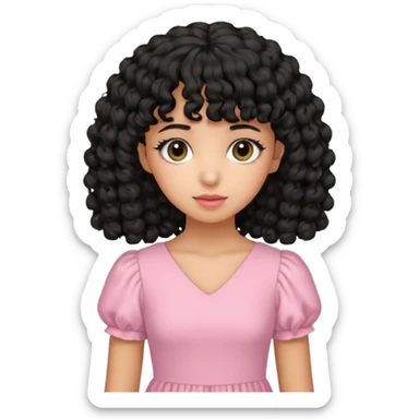 uma menina de pele oliva e cabelos pretos encaracolados e com franja encaracolada e um vestido rosa pastel sticker