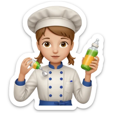 girl kid italian chef, uniform, holding feeding bottle sticker