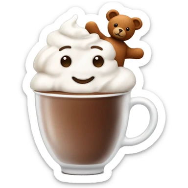 a cup of hot chocolate with whipped cream, cinnamon dust, and a little teddy bear on top sticker