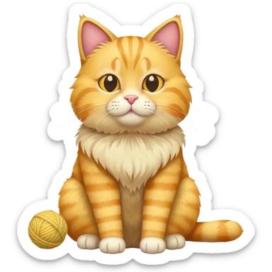 yellow cat full body sitting with a wool ball sticker