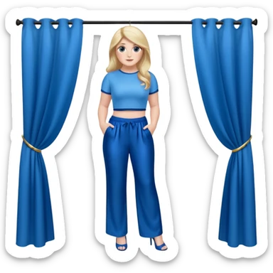 Meghan Trainor dressed in blue crop and blue silk pants standing in front of blue curtain  sticker