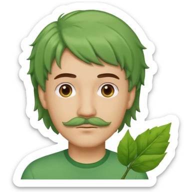 The Tree of Wisdom of The Wiggles with light skin, brown eyes, green leaves wig and thin mustache, green shirt sticker