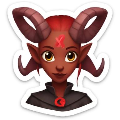 female dnd Tiefling with a large red 'X' fully over it sticker
