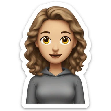 a white woman with eyelashes and long brown wavy hair. wearing a grey sweatshirt and black short skirt and holding books sticker