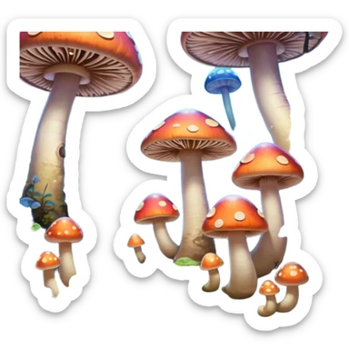  "A whimsical mushroom world filled with giant glowing mushrooms, soft bioluminescent spores floating through the air, and friendly oversized snails with colorful spiral shells exploring the landscape. Fantasy atmosphere, vibrant colors, dreamy lighting, highly detailed sticker