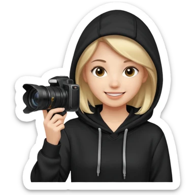 Young female, holding camera, black hoodie sticker