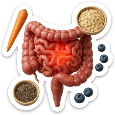 intestino umano anatomico infiammato al centro con carota, bowl di avena, mirtilli, bowl di semi di chia che gli fluttuano intorno , iperrealistico 4k sticker