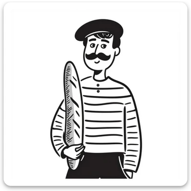 A Frenchman with a moustache and a beret, holding a baguette, wearing a black and white striped shirt, hand-drawn doodle style. sticker
